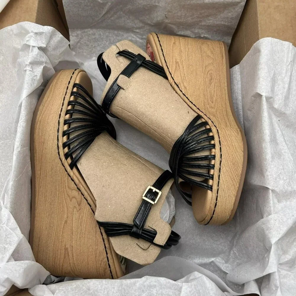 BOC Catalina Women's Platform Wedge Sandal Size 7 Black/Tan Glossy Straps‎ Twist